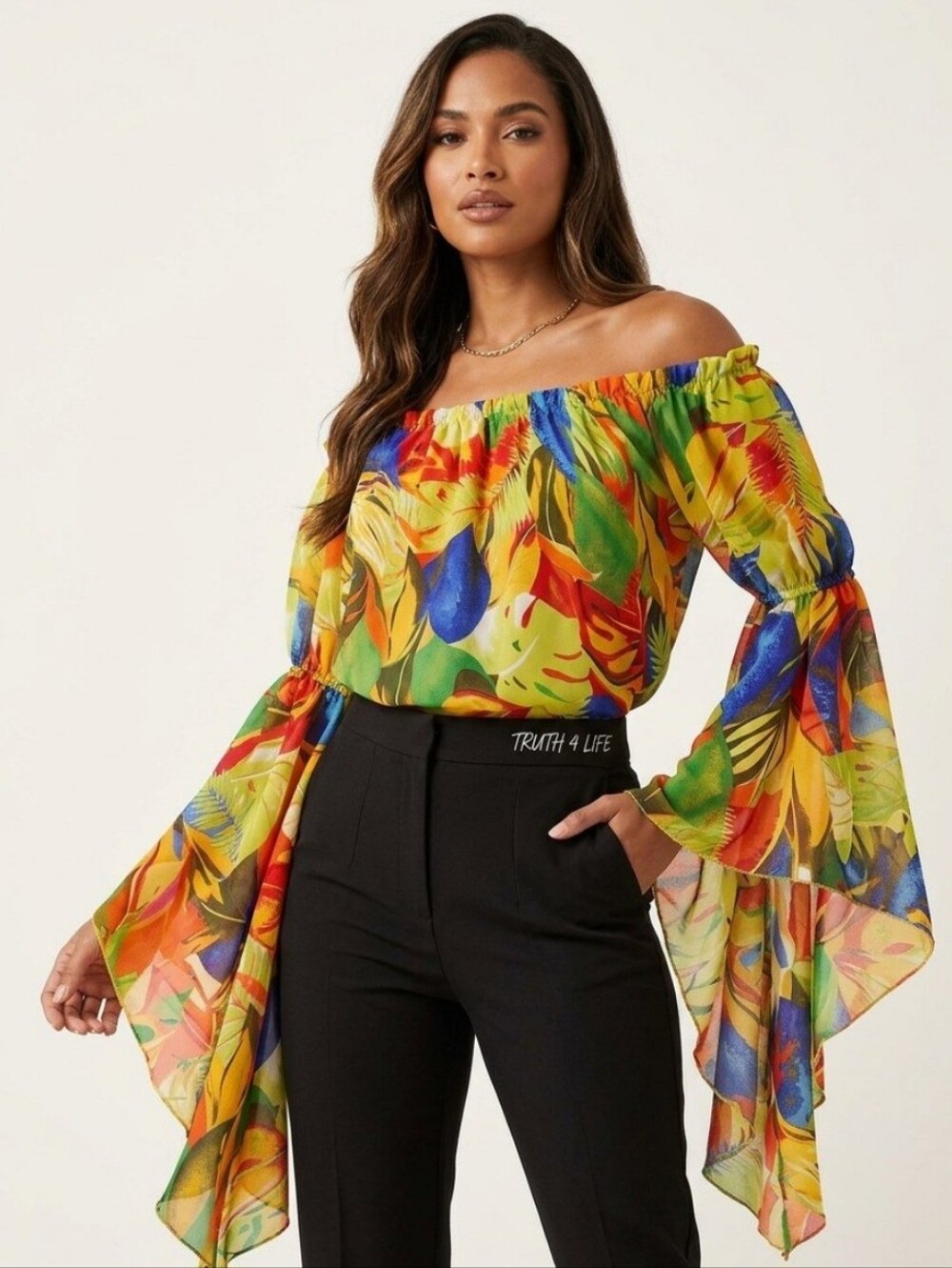 Tropical Print Off-Shoulder Women's Multicolored Blouse Size L-XL